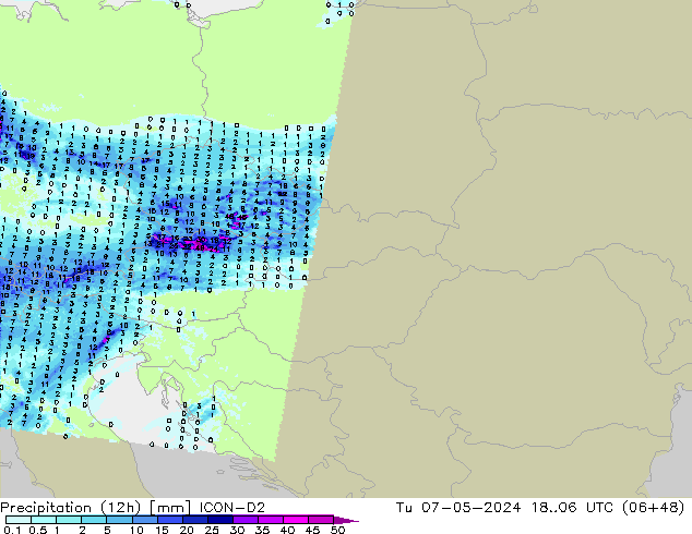 Precipitation (12h) ICON-D2 Tu 07.05.2024 06 UTC