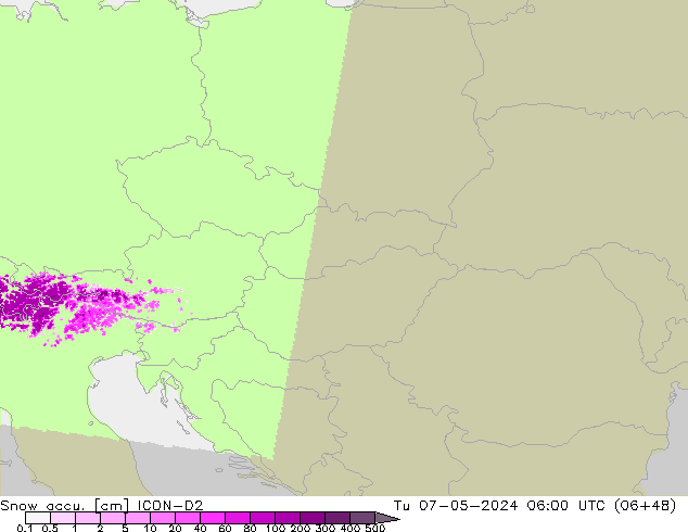 Snow accu. ICON-D2 mar 07.05.2024 06 UTC