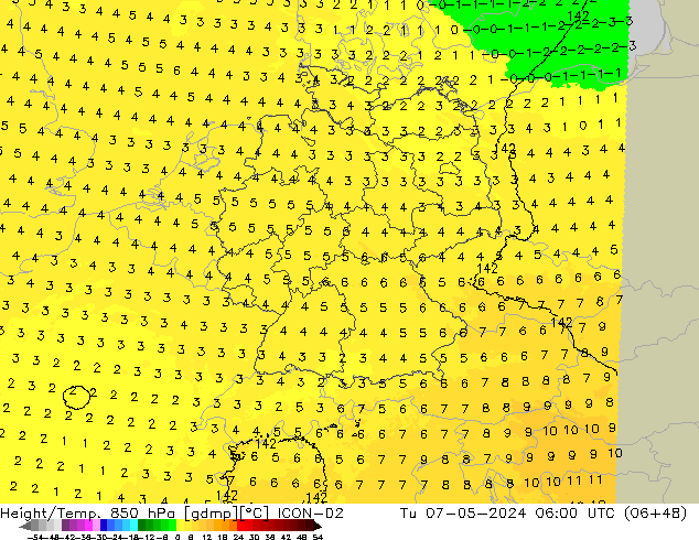 Height/Temp. 850 hPa ICON-D2 mar 07.05.2024 06 UTC