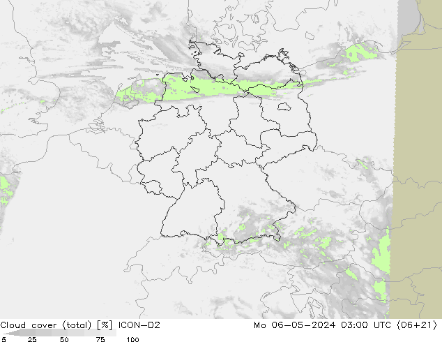 nuvens (total) ICON-D2 Seg 06.05.2024 03 UTC