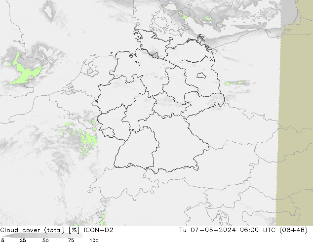 Cloud cover (total) ICON-D2 Út 07.05.2024 06 UTC