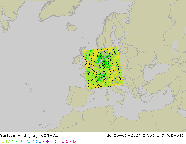 Surface wind ICON-D2 Su 05.05.2024 07 UTC