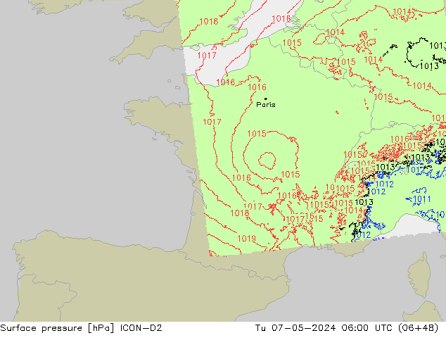 Atmosférický tlak ICON-D2 Út 07.05.2024 06 UTC