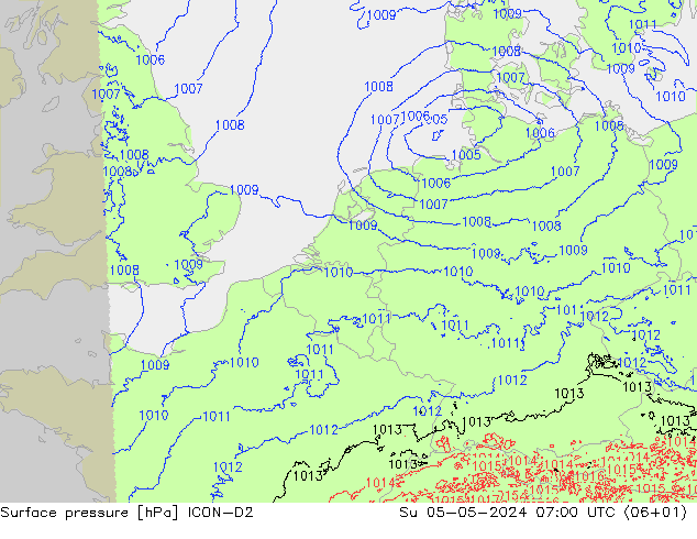 Atmosférický tlak ICON-D2 Ne 05.05.2024 07 UTC