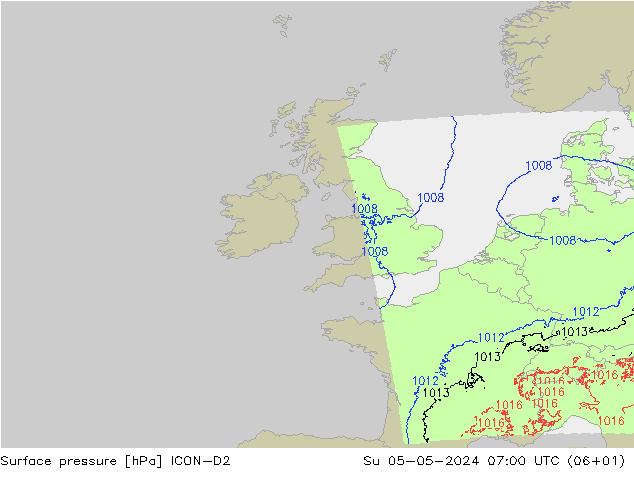 Atmosférický tlak ICON-D2 Ne 05.05.2024 07 UTC