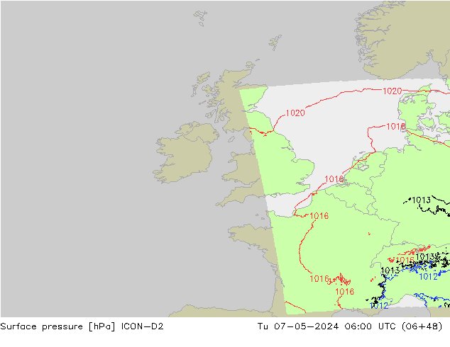 Surface pressure ICON-D2 Tu 07.05.2024 06 UTC
