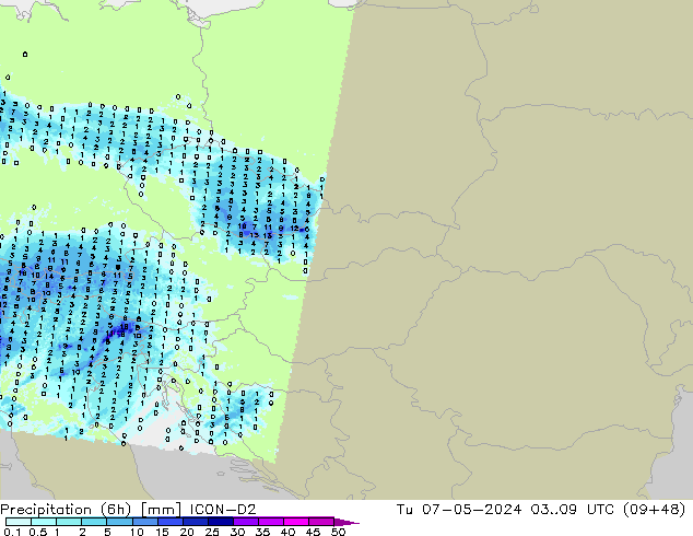 Precipitation (6h) ICON-D2 Tu 07.05.2024 09 UTC