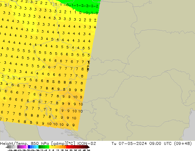 Height/Temp. 850 hPa ICON-D2 Ter 07.05.2024 09 UTC