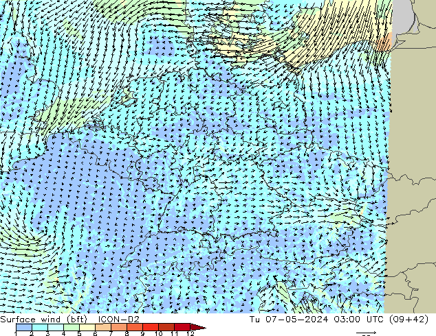 Surface wind (bft) ICON-D2 Tu 07.05.2024 03 UTC