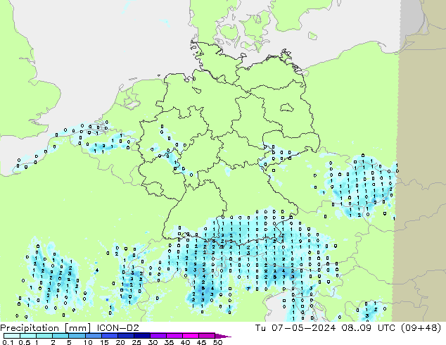 Niederschlag ICON-D2 Di 07.05.2024 09 UTC