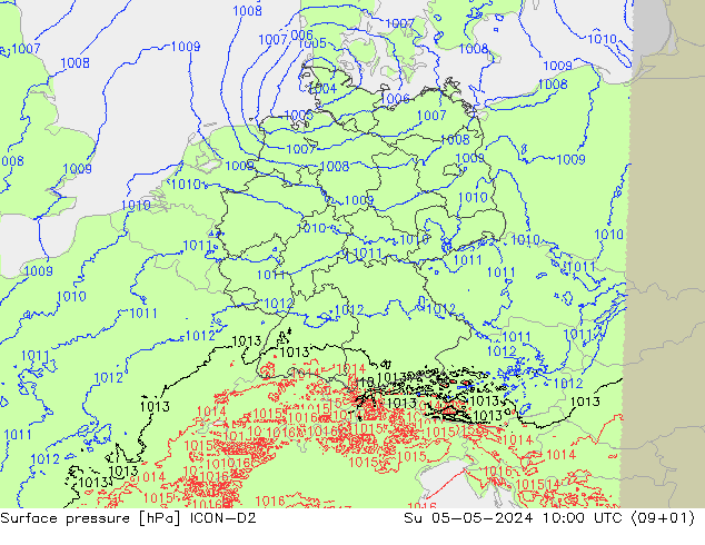 Atmosférický tlak ICON-D2 Ne 05.05.2024 10 UTC