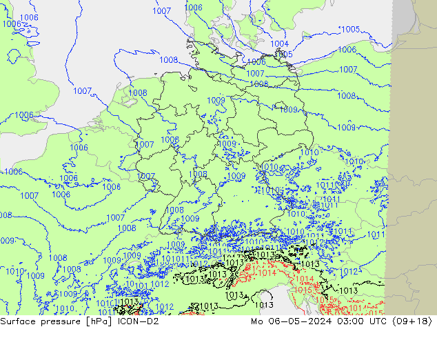 Atmosférický tlak ICON-D2 Po 06.05.2024 03 UTC