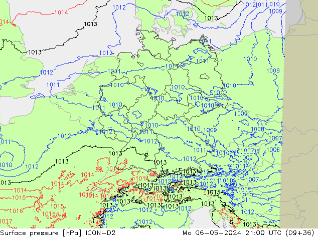 Presión superficial ICON-D2 lun 06.05.2024 21 UTC