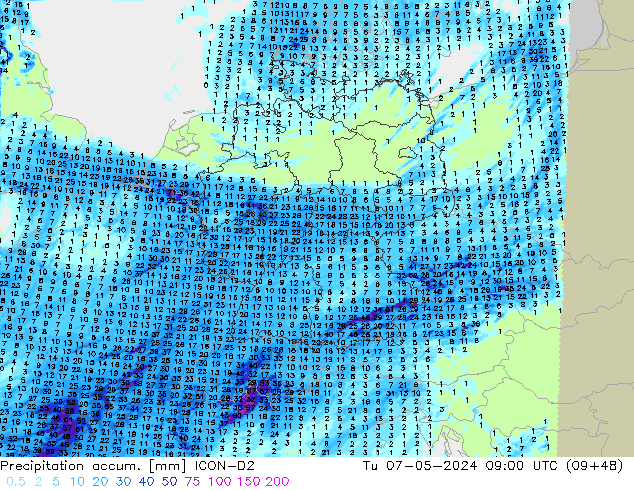 Precipitation accum. ICON-D2 wto. 07.05.2024 09 UTC