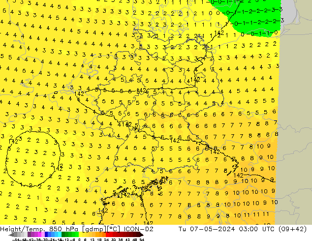 Height/Temp. 850 hPa ICON-D2 Út 07.05.2024 03 UTC