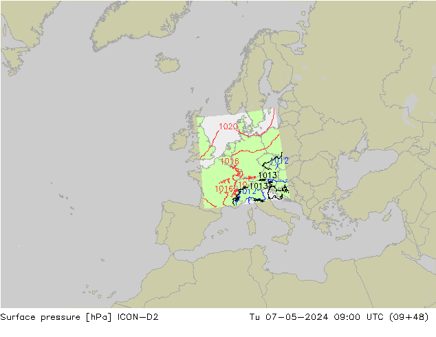 Pressione al suolo ICON-D2 mar 07.05.2024 09 UTC