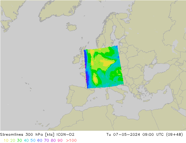 Stromlinien 300 hPa ICON-D2 Di 07.05.2024 09 UTC