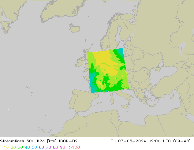 Stromlinien 500 hPa ICON-D2 Di 07.05.2024 09 UTC