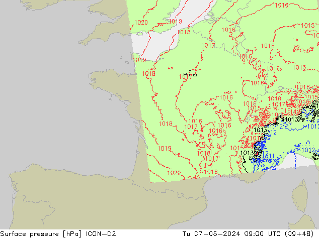 Bodendruck ICON-D2 Di 07.05.2024 09 UTC