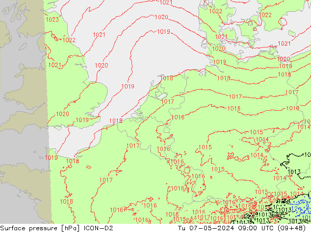 Surface pressure ICON-D2 Tu 07.05.2024 09 UTC