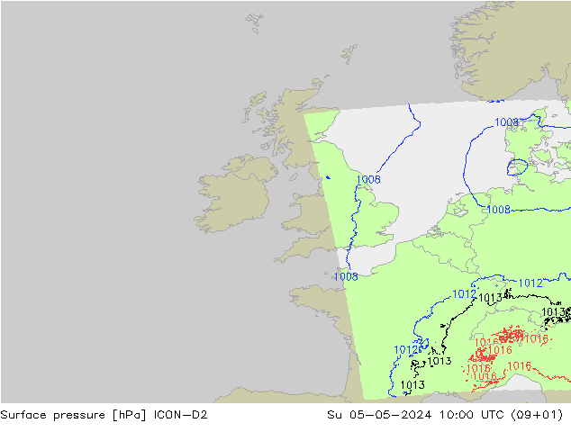 Pressione al suolo ICON-D2 dom 05.05.2024 10 UTC