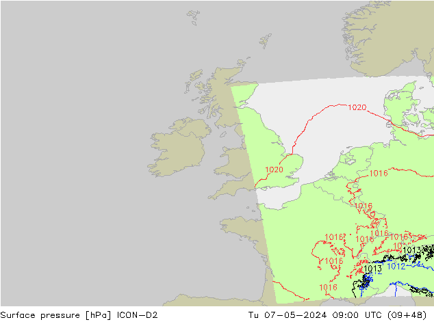 Presión superficial ICON-D2 mar 07.05.2024 09 UTC