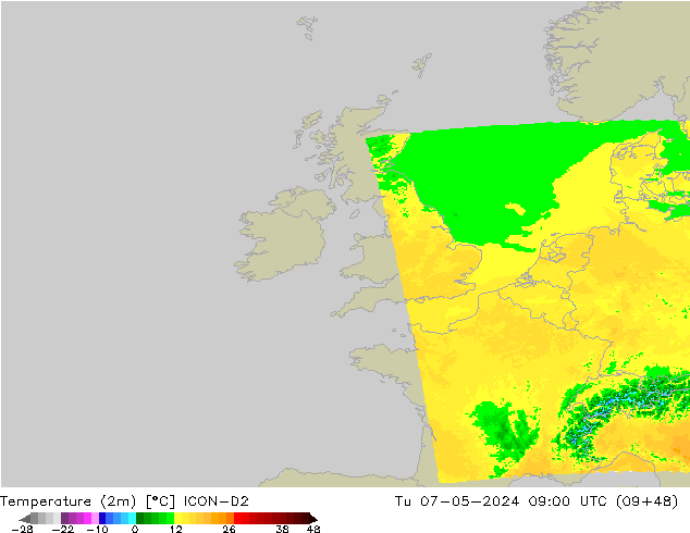 Temperatuurkaart (2m) ICON-D2 di 07.05.2024 09 UTC