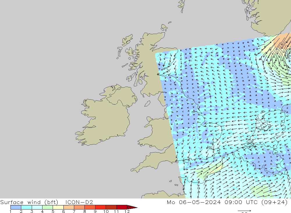 Vento 10 m (bft) ICON-D2 Seg 06.05.2024 09 UTC