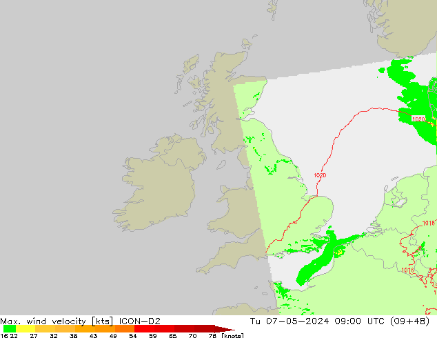 Max. wind velocity ICON-D2 вт 07.05.2024 09 UTC