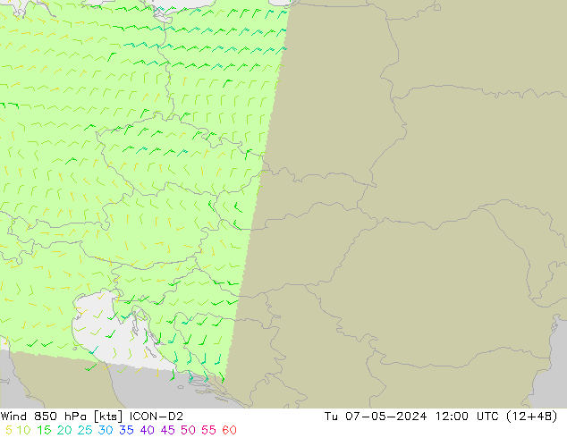 wiatr 850 hPa ICON-D2 wto. 07.05.2024 12 UTC