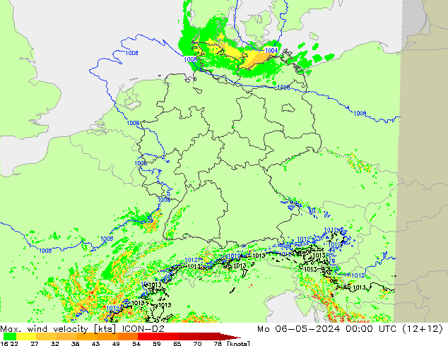 Max. wind velocity ICON-D2 lun 06.05.2024 00 UTC