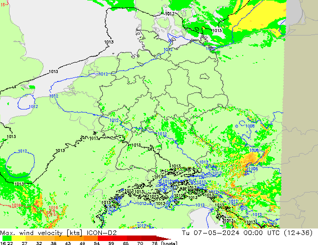 Max. wind velocity ICON-D2 Tu 07.05.2024 00 UTC