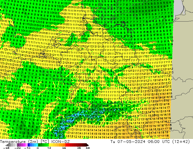 Temperatura (2m) ICON-D2 Ter 07.05.2024 06 UTC