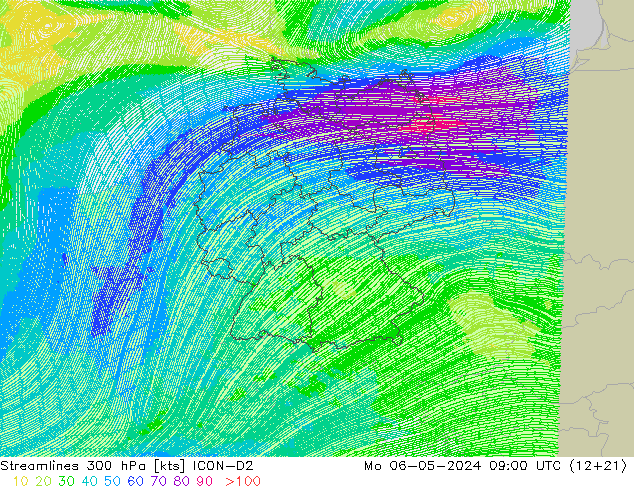 Stroomlijn 300 hPa ICON-D2 ma 06.05.2024 09 UTC