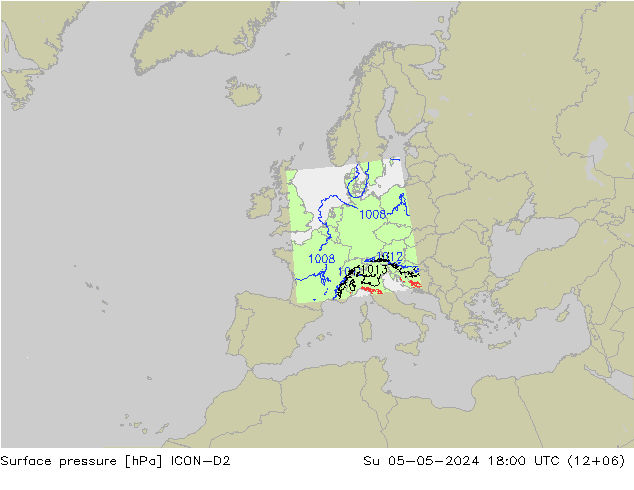 Presión superficial ICON-D2 dom 05.05.2024 18 UTC