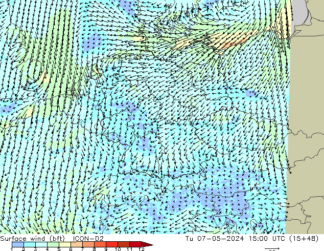 Surface wind (bft) ICON-D2 Tu 07.05.2024 15 UTC