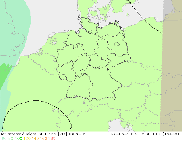 Jet stream/Height 300 hPa ICON-D2 Tu 07.05.2024 15 UTC