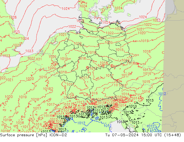 Atmosférický tlak ICON-D2 Út 07.05.2024 15 UTC