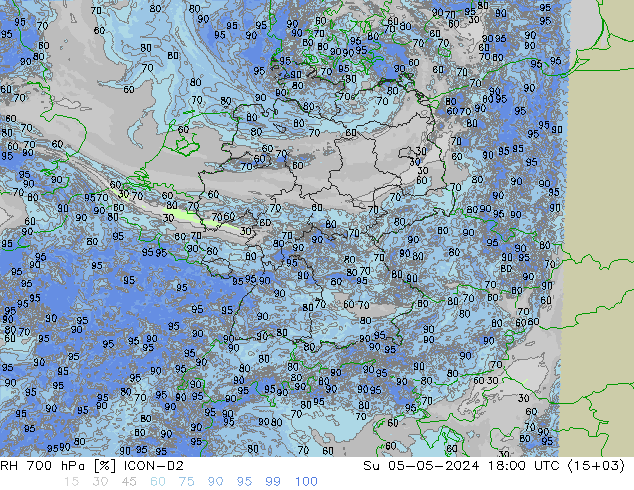 RH 700 hPa ICON-D2 nie. 05.05.2024 18 UTC