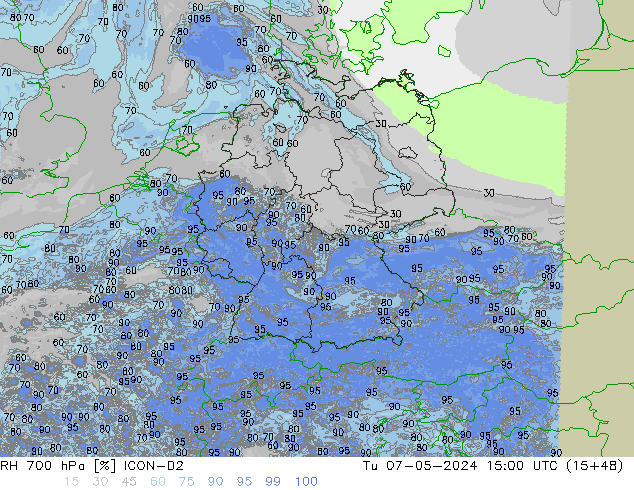 Humidité rel. 700 hPa ICON-D2 mar 07.05.2024 15 UTC
