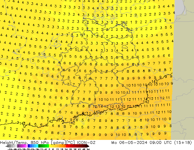 Height/Temp. 850 hPa ICON-D2 Mo 06.05.2024 09 UTC