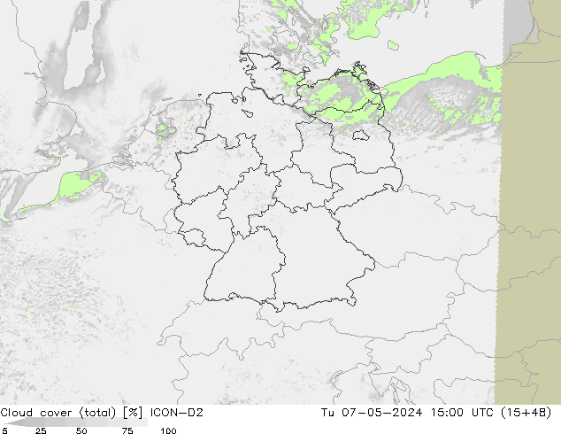 Cloud cover (total) ICON-D2 Tu 07.05.2024 15 UTC
