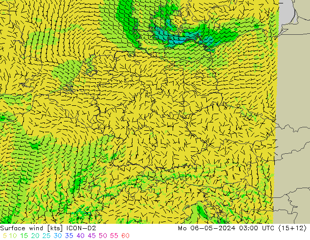 wiatr 10 m ICON-D2 pon. 06.05.2024 03 UTC