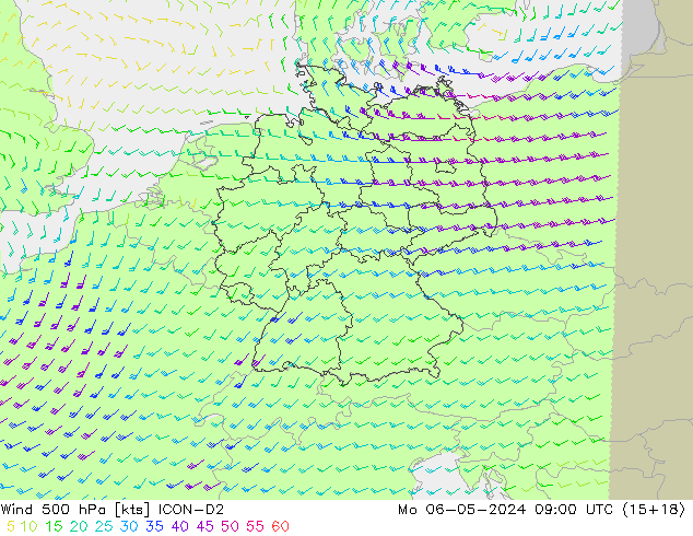 wiatr 500 hPa ICON-D2 pon. 06.05.2024 09 UTC