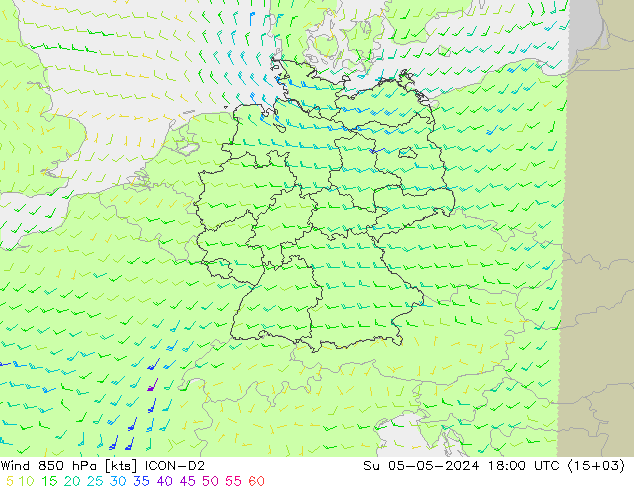 wiatr 850 hPa ICON-D2 nie. 05.05.2024 18 UTC