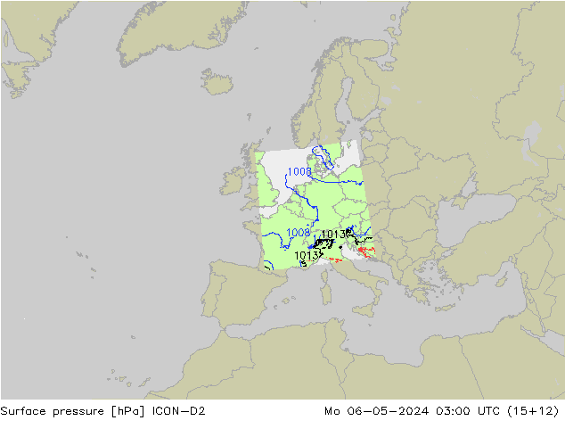 Atmosférický tlak ICON-D2 Po 06.05.2024 03 UTC