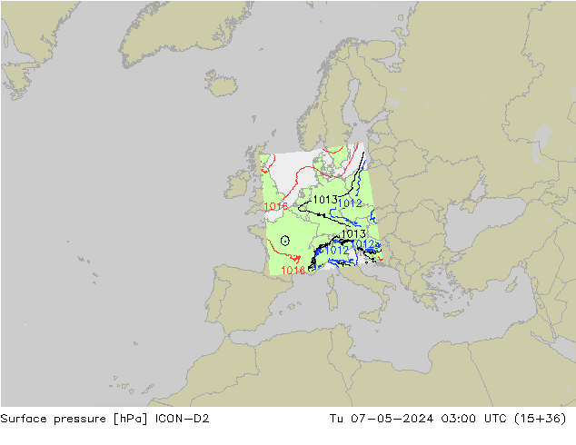 Pressione al suolo ICON-D2 mar 07.05.2024 03 UTC