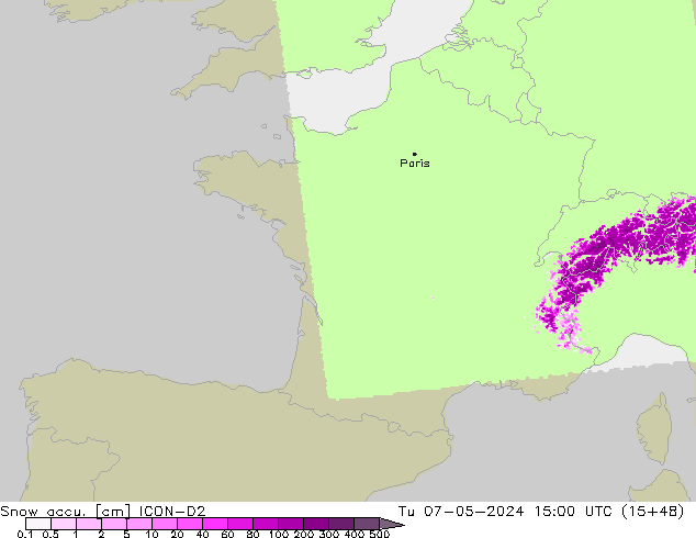 Schneemenge ICON-D2 Di 07.05.2024 15 UTC