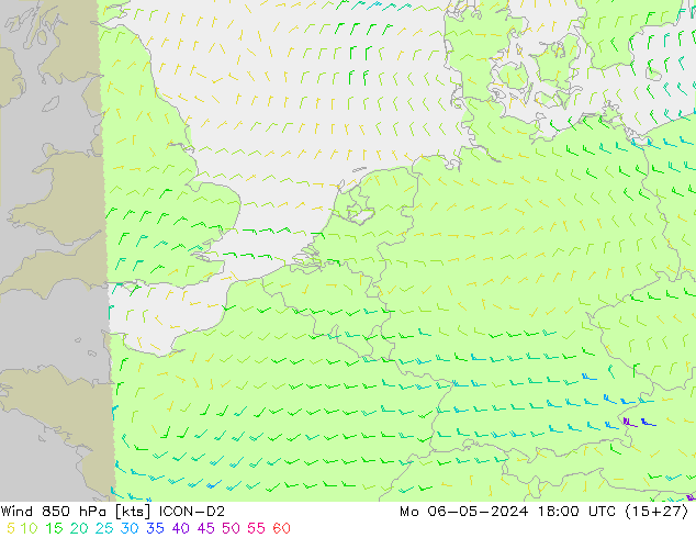 wiatr 850 hPa ICON-D2 pon. 06.05.2024 18 UTC