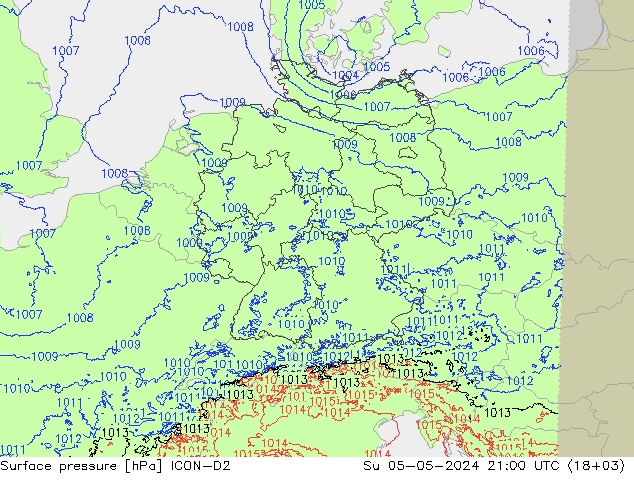 Atmosférický tlak ICON-D2 Ne 05.05.2024 21 UTC